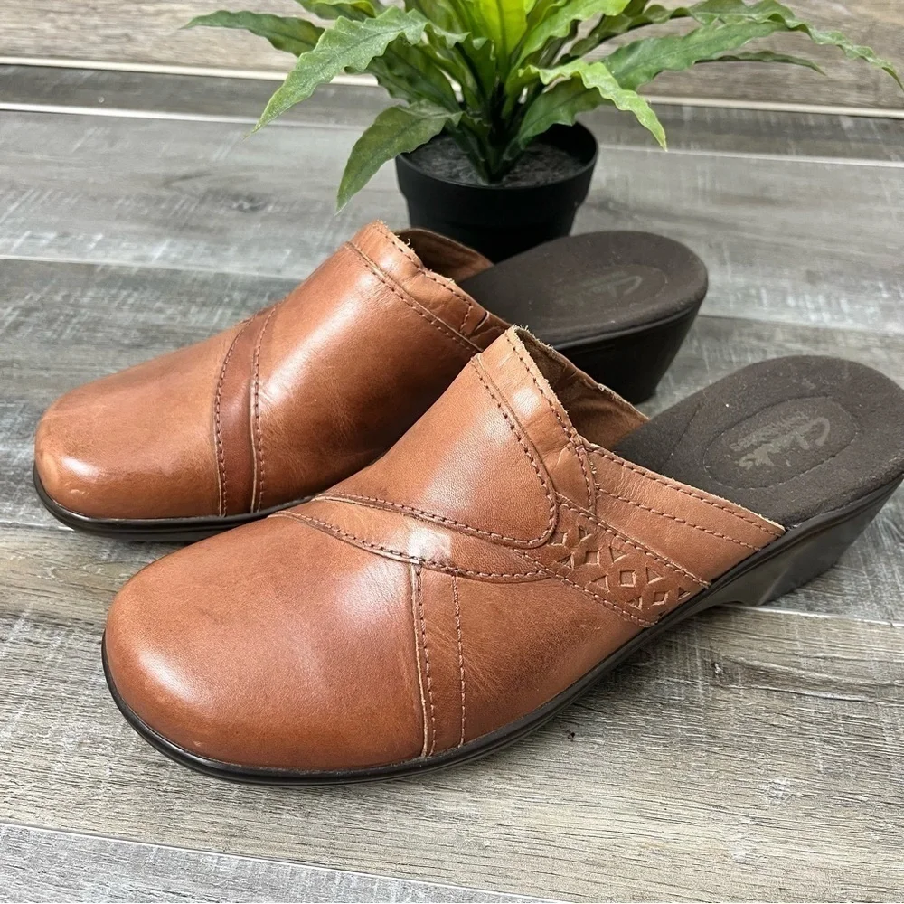 Clarks Bendables Brown Leather Slide Mules Size 8.5 Women’s - Picture 3 of 10